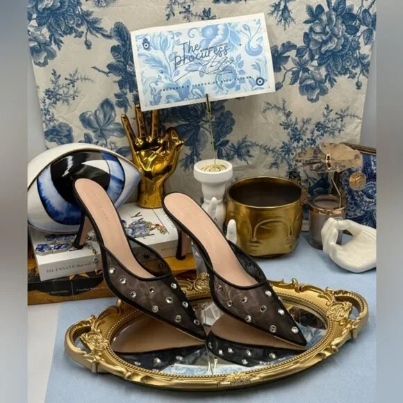 🆕 LOEFFLER RANDALL 🧿 NWOT Paloma Mesh Mid-Heel Mules, Black/Clear, Sz 9 - Picture 2 of 16